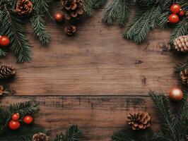Wooden frame with a Christmas tree and berries photo
