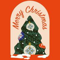 Vintage minimal Xmas design with typography and a silhouette of a Christmas tree with a garland and tree toy. Merry Christmas and Happy New Year retro greeting card. Xmas social media banner vector