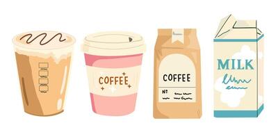 Coffee stickers set for coffee shop. Retro posters for the kitchen. Coffee beans in kraft paper, latte in a paper cup. Coffee to go vector