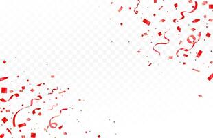 Celebration background template with confetti and red ribbons. Shiny carnival decoration. Bright festive tinsel of red color. vector