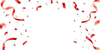 Falling shiny red confetti isolated on white. Bright festive tinsel of red color. Anniversary or birthday design template. vector