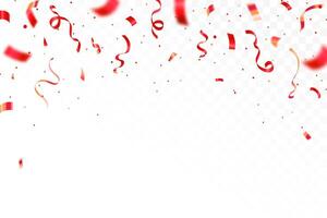 Red confetti. Shiny ribbons falling on abstract background. Design template for party celebration and birthday banner background, confetti, vector