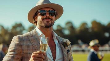 Stylish man at Spring Racing Carnival, dressed in Old Money suit with a boutonniere and classic hat photo