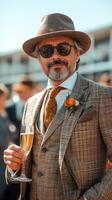 Man at Spring Racing Carnival, dressed in Old Money suit with a boutonniere and hat. Vertical image photo
