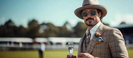 Man at Spring Racing Carnival, in Old Money suit with a boutonniere and hat. Wide banner, copy space photo