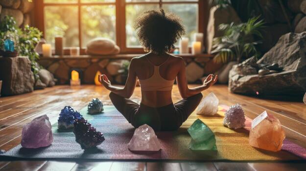 negro mujer medita en loto actitud rodeado por cristales de varios matices cicatrización, balance, energía foto