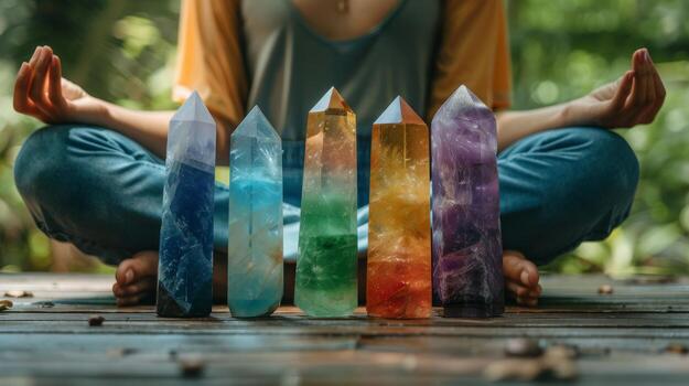 un conjunto de curación cristales arreglado en frente de un meditando persona. chakra energías y atención plena foto