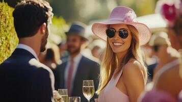 Elegant woman in pink hat and sunglasses holding glass of champagne at racing event. Old Money style photo