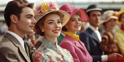Stylish crowd at racetrack. Men and women dressed in Old Money fashion chatting and watching a race photo