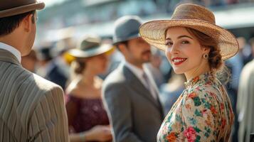 Smiling woman in floral dress and straw hat at social racing event, elegantly dressed people around photo