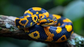 Bright snake with yellow and black patterns, smooth scales. Gold ringed cat snake on tree branch photo