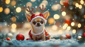 A cute chihuahua in a reindeer costume with antlers, on snowy ground, Christmas decorations, bokeh photo