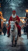 Saint Nicholas dressed in red bishop robe, riding white horse through snowy village. Vertical banner photo