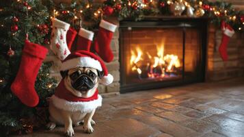A pug dog in a Santa Claus costume with a red hat. A fireplace with Christmas garlands and stockings photo