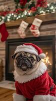 A pug dog in a Santa Claus costume with a red hat, sitting by a fireplace. Christmas vertical banner photo
