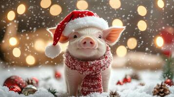 A cute piglet in a red Santa hat and scarf, standing on snowy ground, festive Christmas background photo