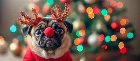 Pug dog in reindeer costume with antlers and red nose, near Christmas tree. Wide banner, copy space photo