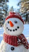 Close-up of smiling snowman with carrot nose, coal eyes, knitted red hat and scarf. Vertical banner photo