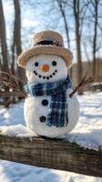 Charming snowman in a straw hat and a blue scarf, smiling with twig arms on a fence. Vertical image photo