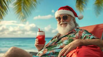 Santa Claus relaxing on a tropical beach, dressed in festive Christmas attire with a tropical drink photo