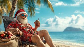Santa Claus in a red hat, Hawaiian shirt, lounging on a beach, with sack of gifts and coconut drink photo