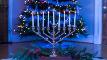 A Hanukkah menorah with candles lit in blue background of Christmas tree with lights. Jewish holiday photo