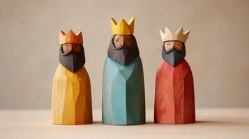 Minimalist wooden Three Kings figurines in muted colors with crowns. Rustic simple Epiphany design photo