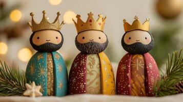 Handmade wooden figurines of Three Kings with crowns and festive robes. Epiphany and Christmas decor photo