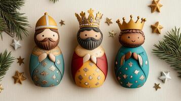 Whimsical wooden figures of the Three Kings decorated with crowns. Stars and pine branches. Epiphany photo