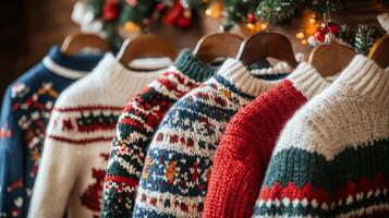 Collection of festive ugly Christmas sweaters with traditional pattern on wooden hangers. Jumper Day photo