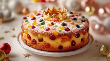 Rosca de Reyes cake topped with delicate golden crown and candied fruits. Three Kings Day, Epiphany photo