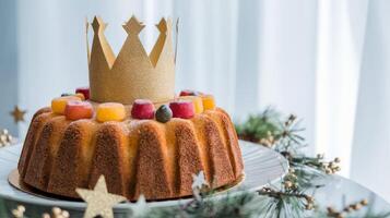 Rosca de Reyes cake adorned with gold paper crown, bright candied fruits. Three Kings Day, Epiphany photo