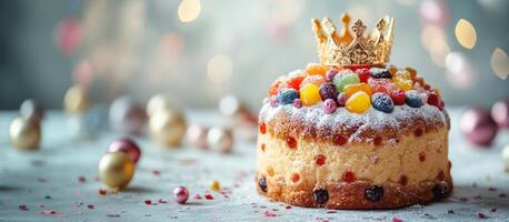 Festive Rosca de Reyes with glittering gold crown. Three Kings Day, Epiphany wide banner, copy space photo