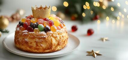 Rosca de Reyes cake with glittering gold crown. Epiphany and Three Kings Day wide banner, copy space photo