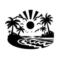 A black and white silhouette of palm trees and the sun vector