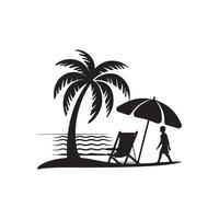A black and white silhouette of a man and a chair under an umbrella vector