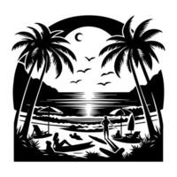 A black and white drawing of a beach scene vector