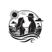 A man and woman are standing in front of the ocean vector