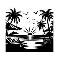 A black and white drawing of a beach scene with palm trees and umbrellas vector