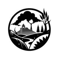 A black and white logo of a forest and a mountain vector