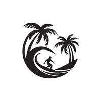Surfer surfing on the wave in the palm trees vector