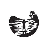 A silhouette of a man standing on the beach with palm trees vector