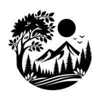A black and white silhouette of a mountain and trees vector