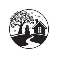 Winter house with snowman and tree in circle vector