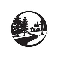A black and white logo of a house and trees vector
