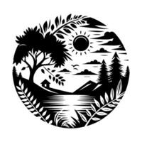 A black and white illustration of a lake and trees vector