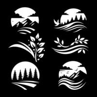 A set of four different designs of mountains, trees and water vector