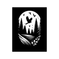 A black and white illustration of a bird flying over a forest vector