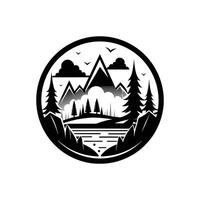 A black and white logo for a lake and mountains vector