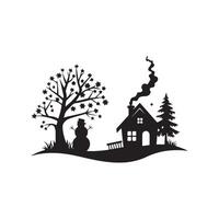 Winter house with snowman and tree silhouette vector